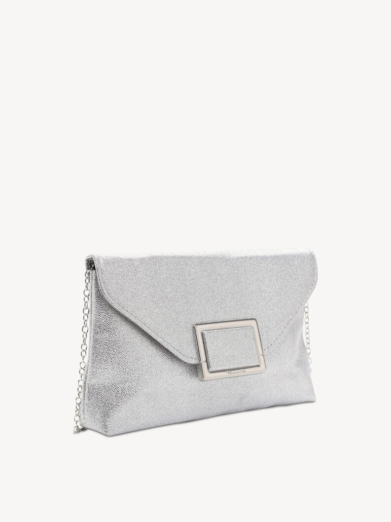 Pochette argent&eacute;e avec cha&icirc;ne et boucle carr&eacute;e vue lat&eacute;rale