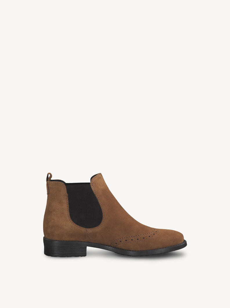 Brown suede Chelsea ankle boots with decorative perforation and black panels