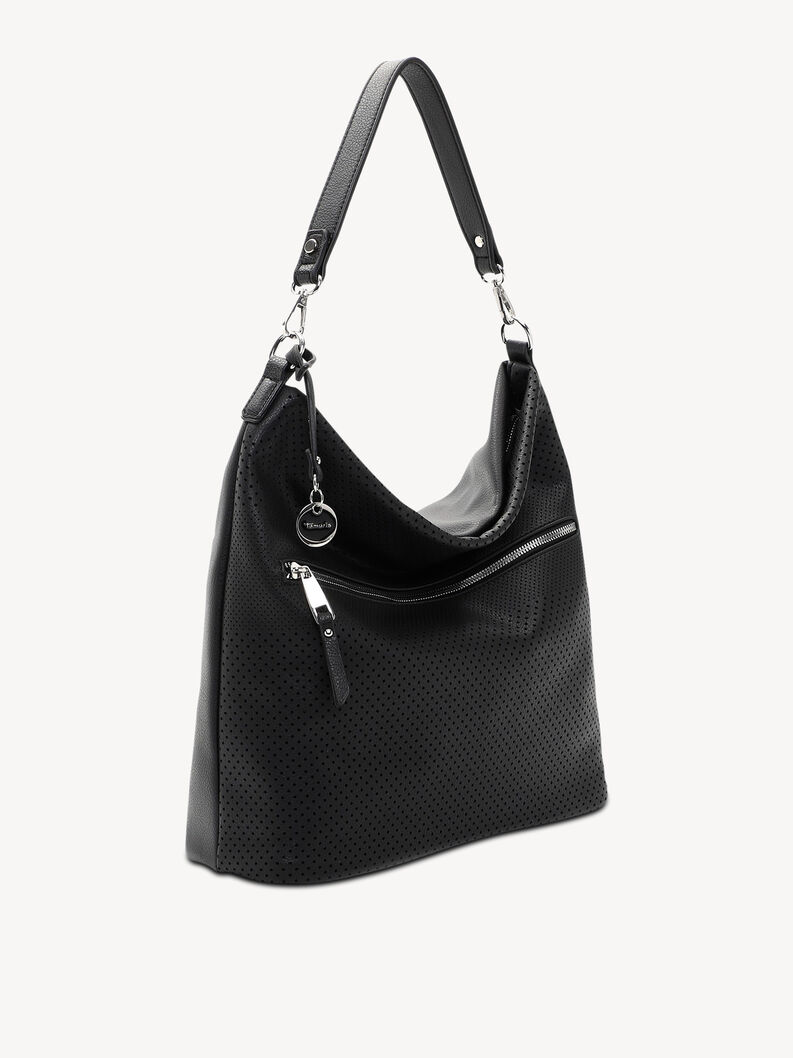 Seitenansicht einer schwarzen perforierten Leder-Damentasche