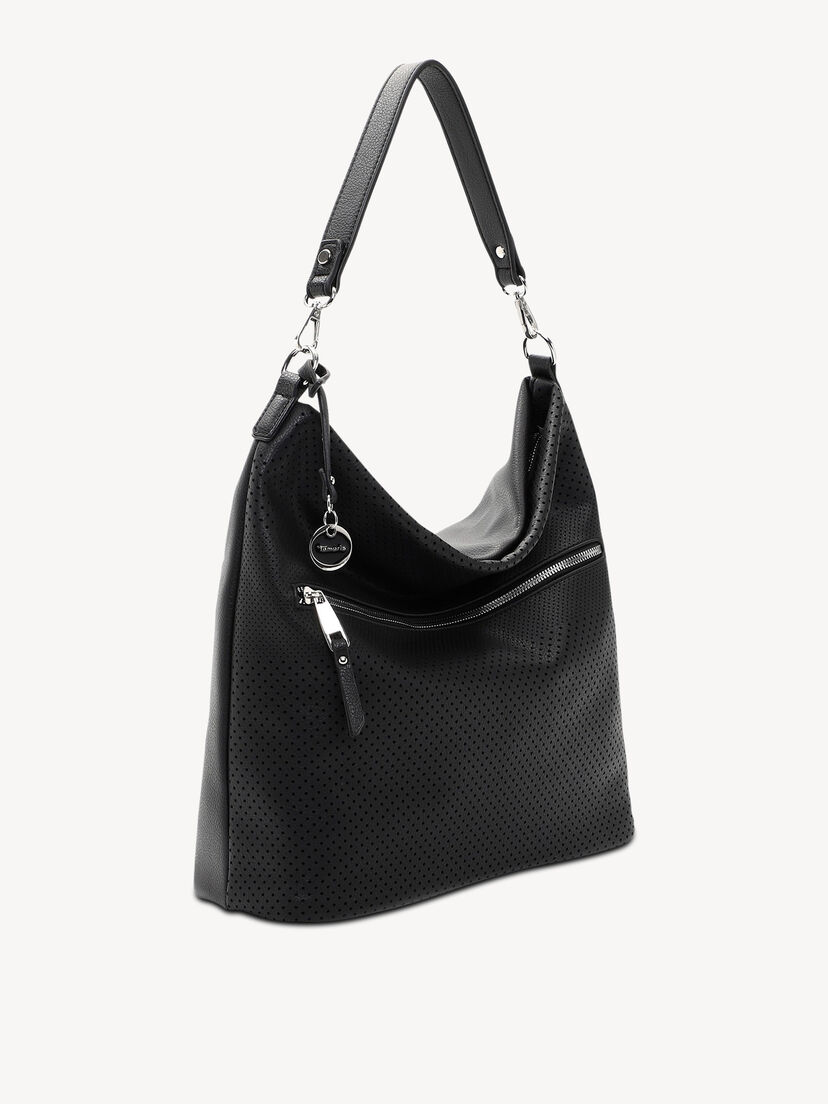 Zijaanzicht zwarte perforatie leren damestas