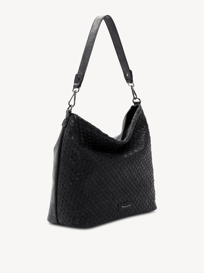 Zwarte dames handtas van kunstleer met gevlochten patroon, zijaanzicht