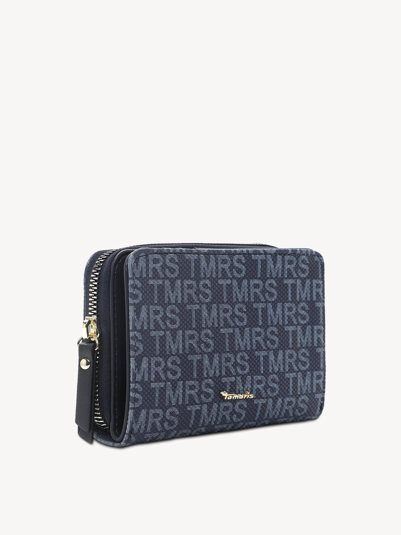 Portafoglio blu scuro Tamaris con motivo monogramma e doppia cerniera laterale