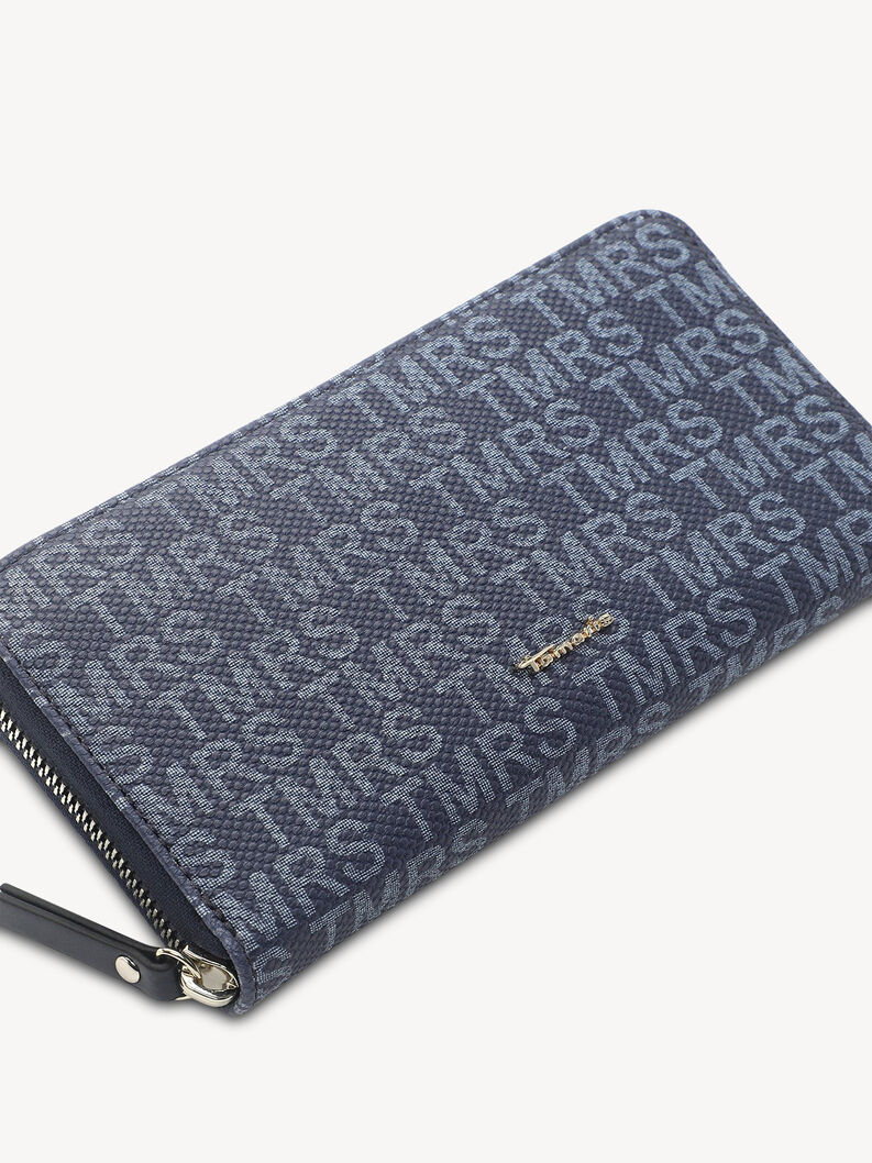 Detail of dark blue wallet with TMRS texture and zipper