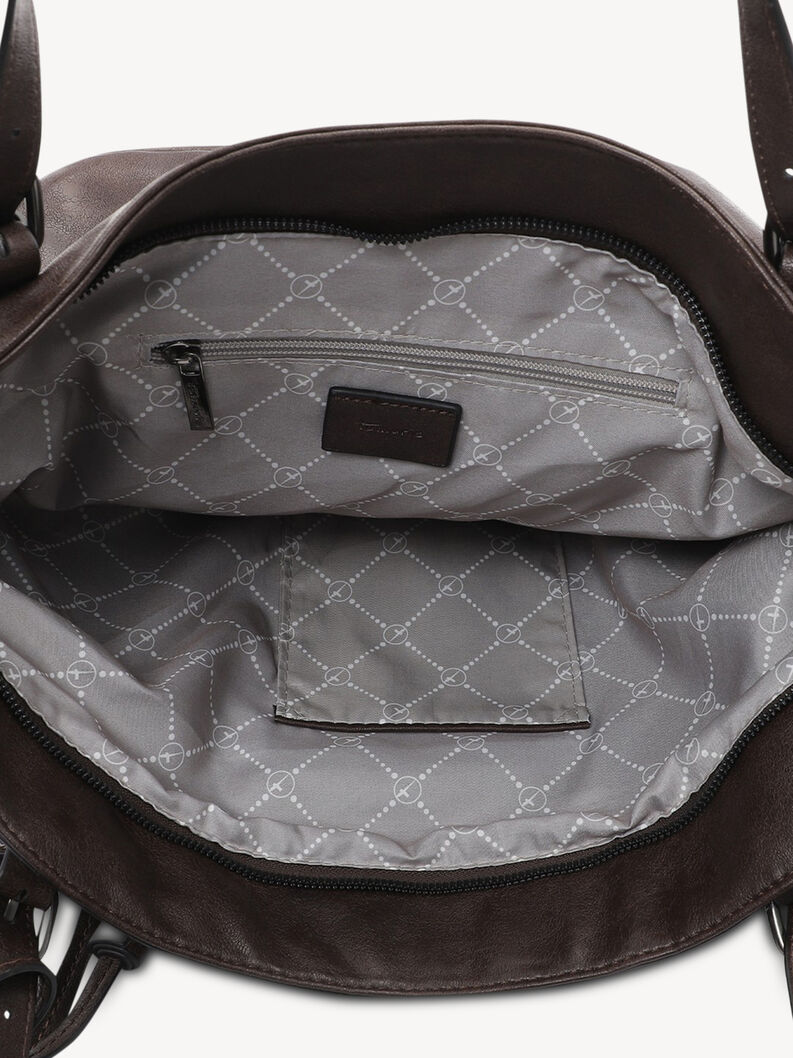 Innenraum der dunkelbraunen Tasche mit Futter und Rei&szlig;verschlusstasche