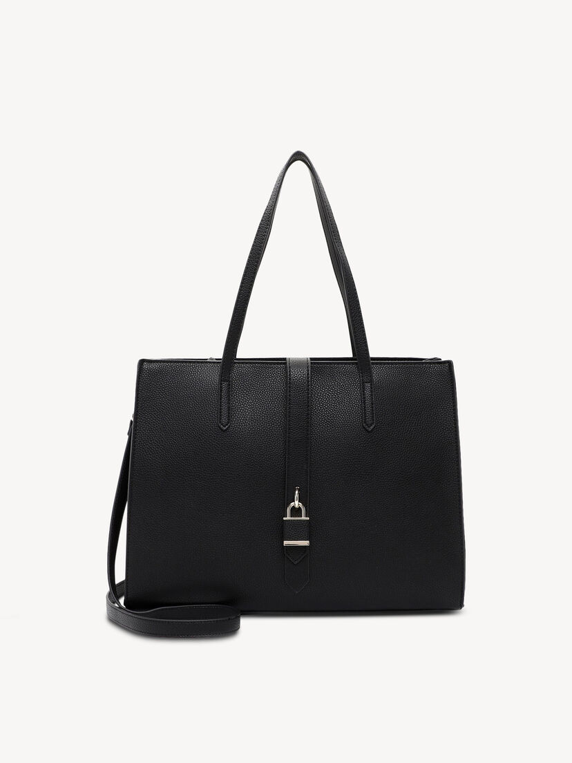 Zwarte leren handtas met lange hengsels en slotdetail