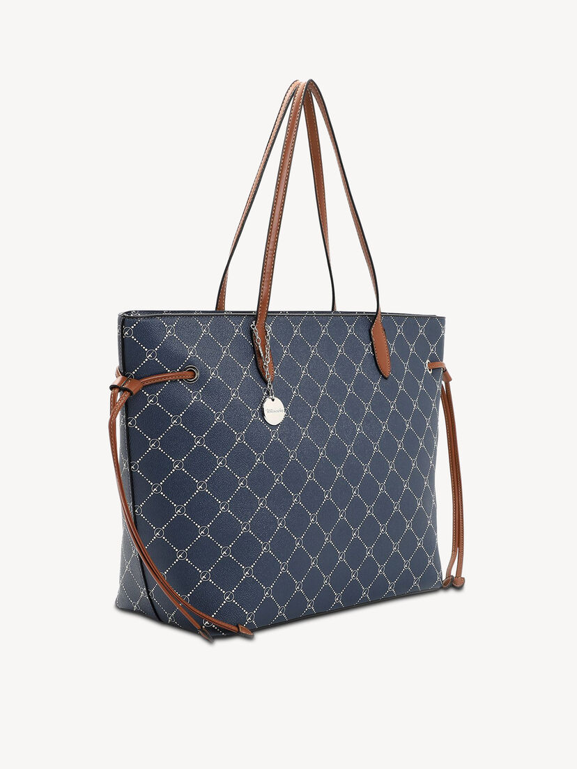 Zijaanzicht van blauwe shopper tas met bruine leren handvatten