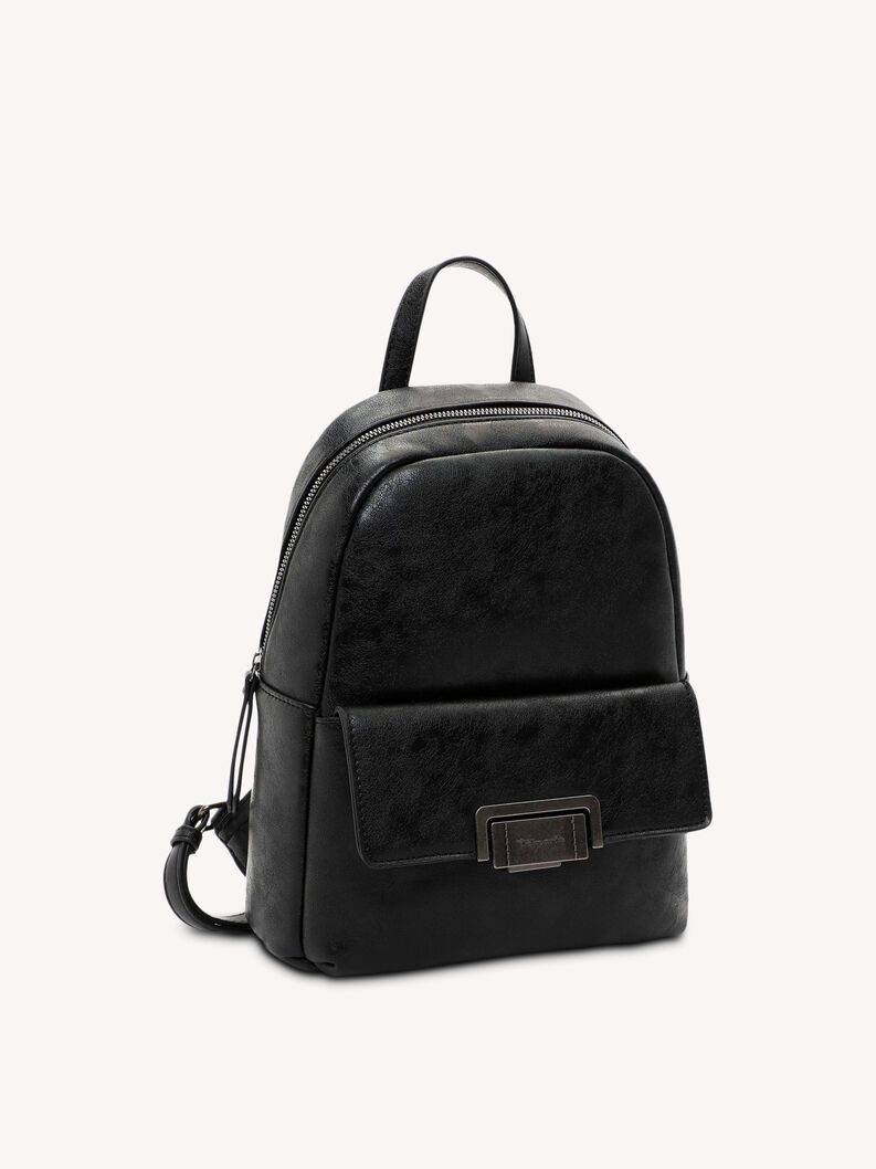 Schwarzer Kunstleder-Rucksack mit Metallschnalle und verstellbaren Gurten