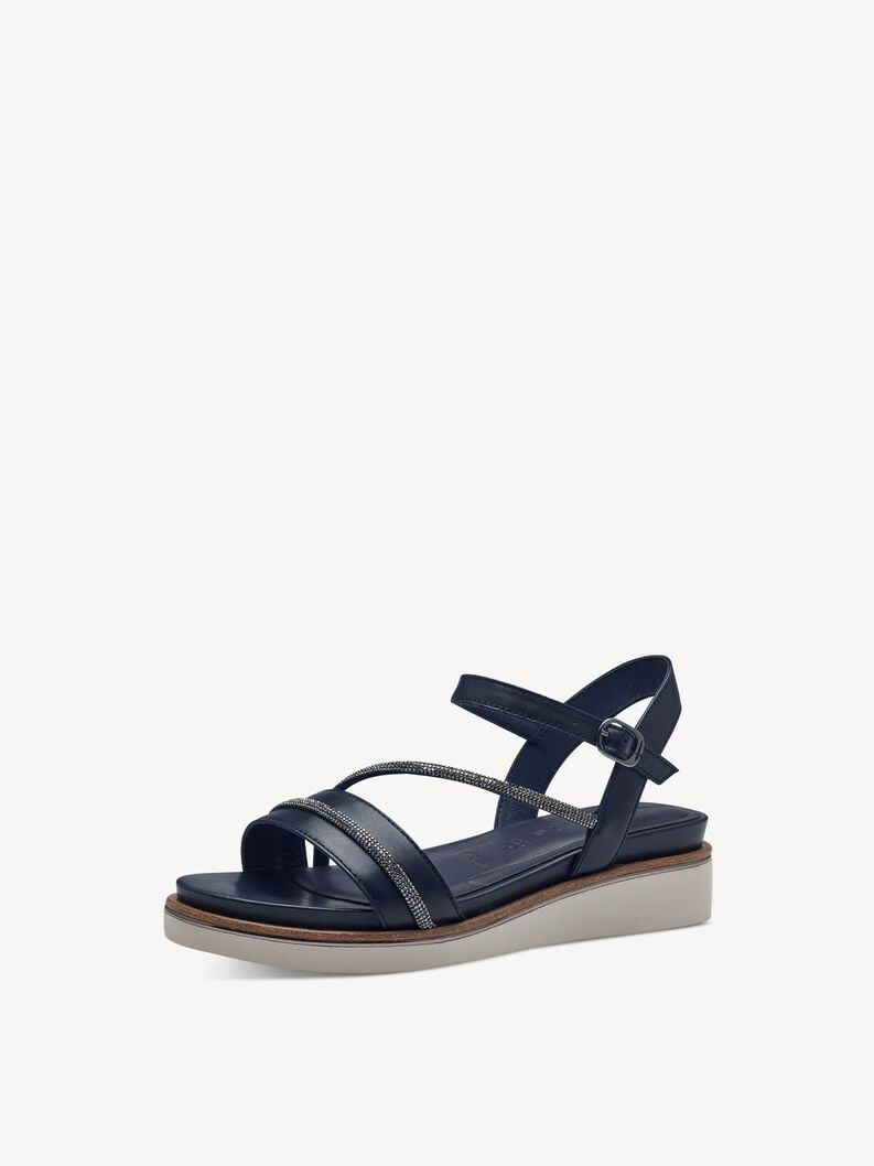 Sandale à talon en cuir - bleu, NAVY, hi-res