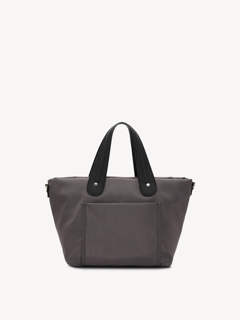 Grey nylon bag with black handles and back pocket without zipper