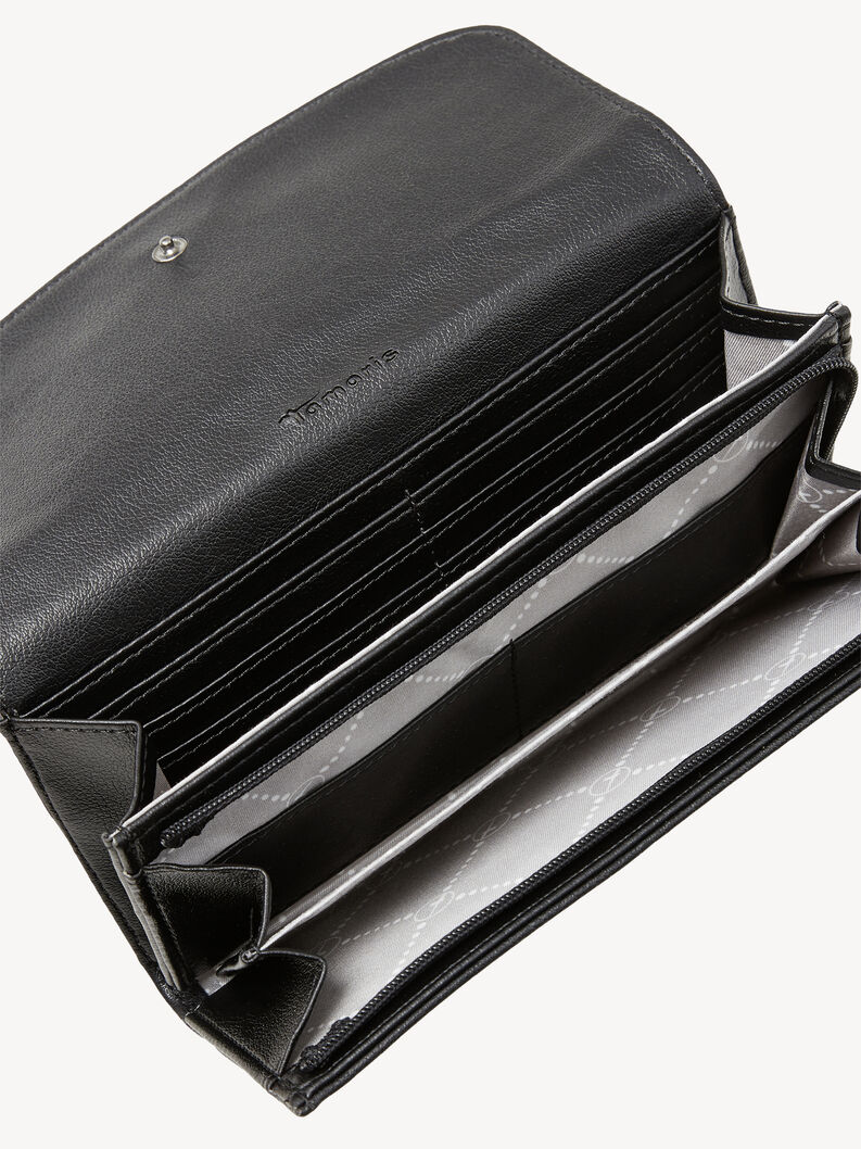 Čern&aacute; kožen&aacute; peněženka otevřen&aacute; s mnoha přihr&aacute;dkami a vzorem