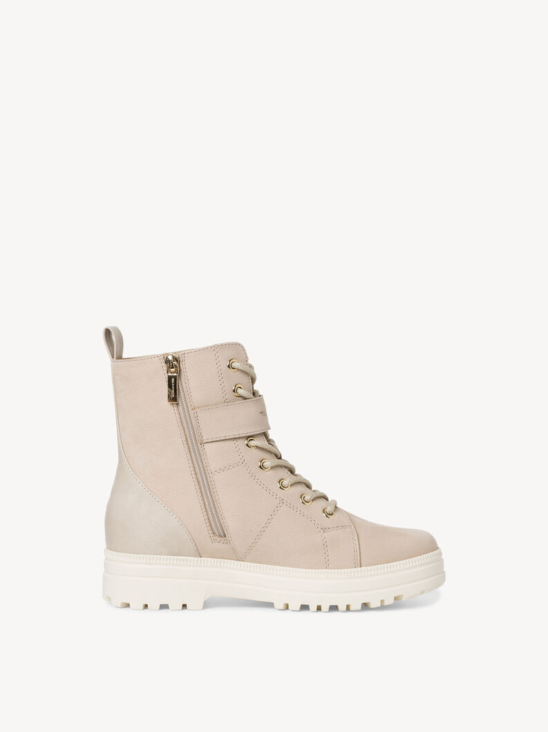 Beige Leder-Stiefelette mit seitlichem Rei&szlig;verschluss und goldener Schnalle