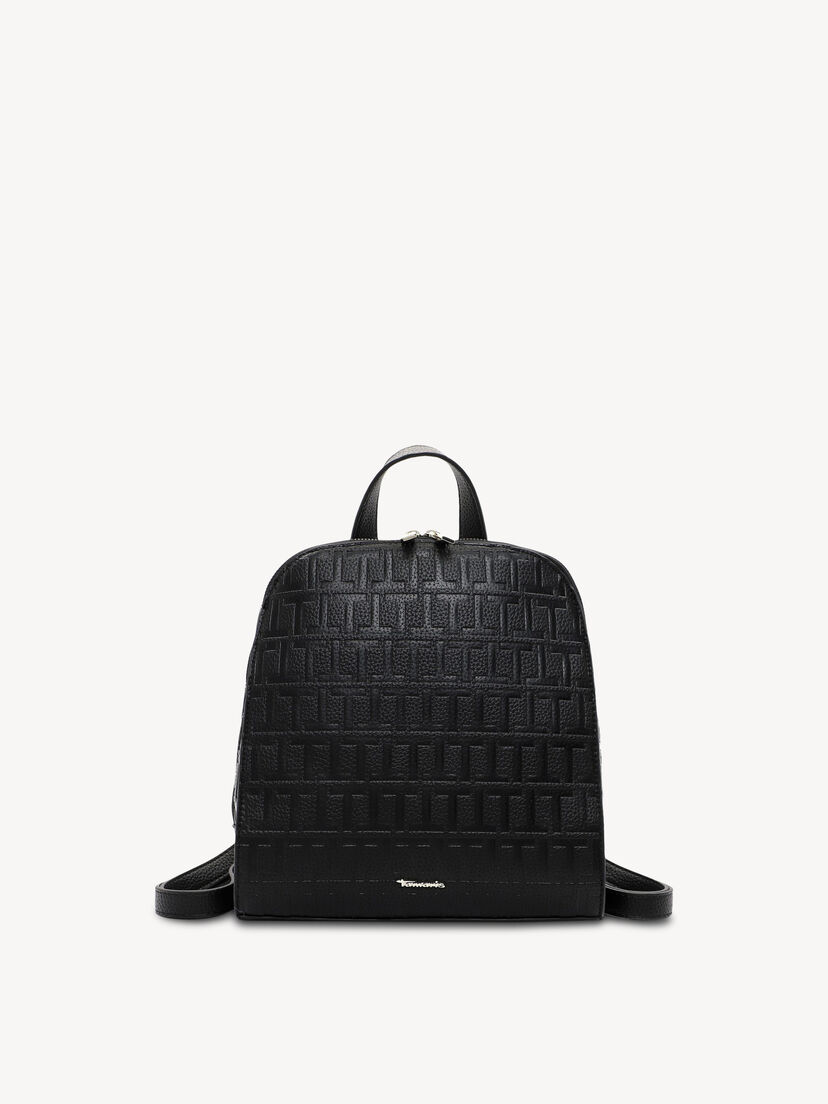 Zwart leren damesrugzak met reli&euml;fpatroon en zilveren accenten