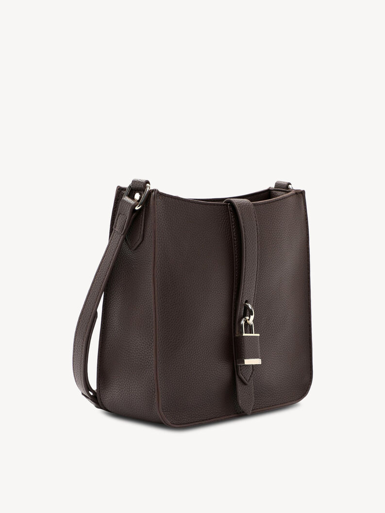 Vue lat&eacute;rale d&rsquo;un sac en cuir marron textur&eacute; avec boucle argent&eacute;e