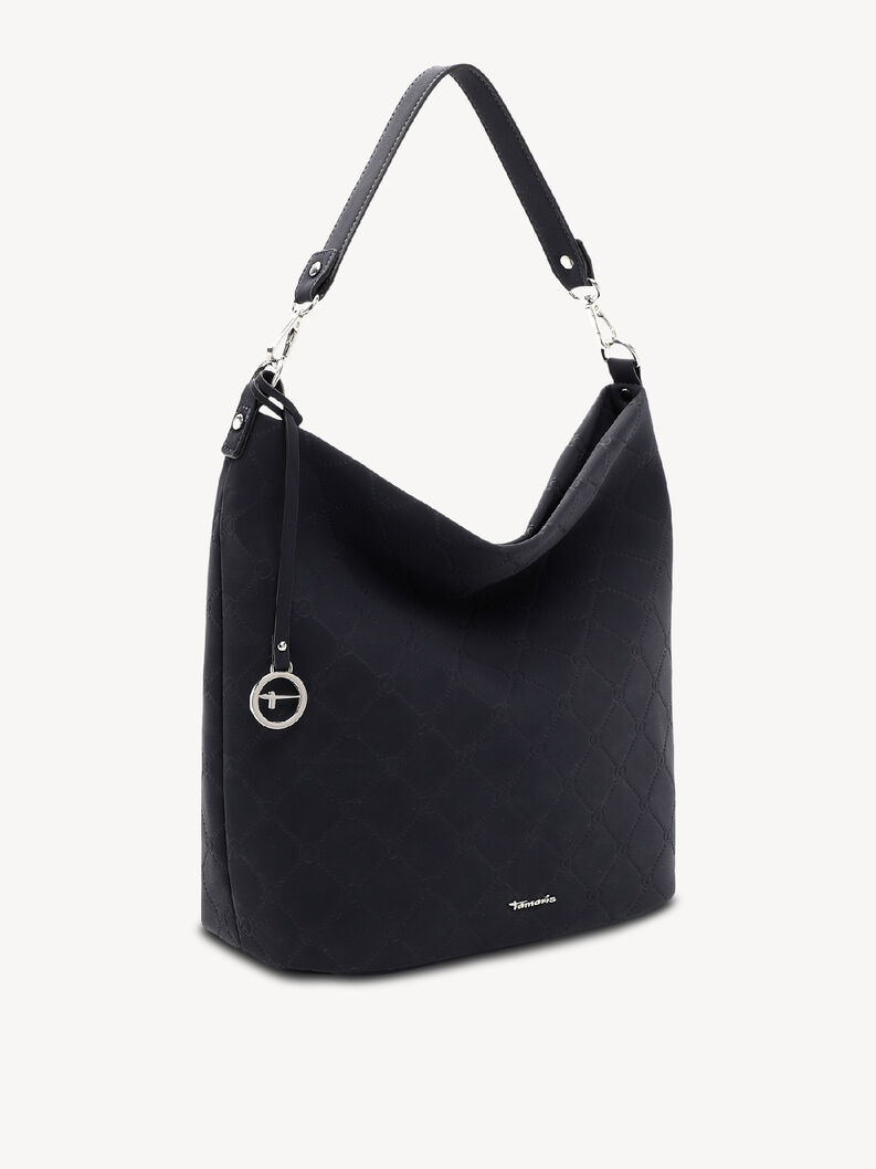 Black quilted shoulder bag with adjustable strap and metal charm