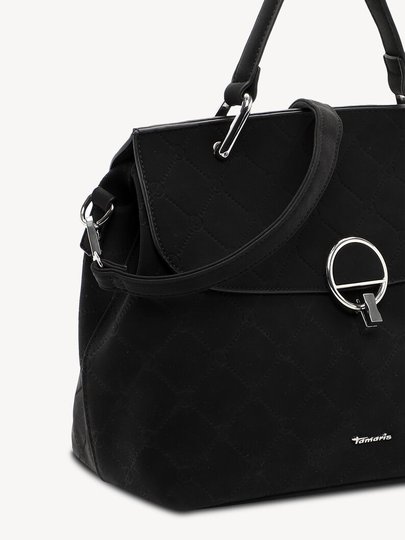 Close-up of black handbag with metal clasp and textured pattern