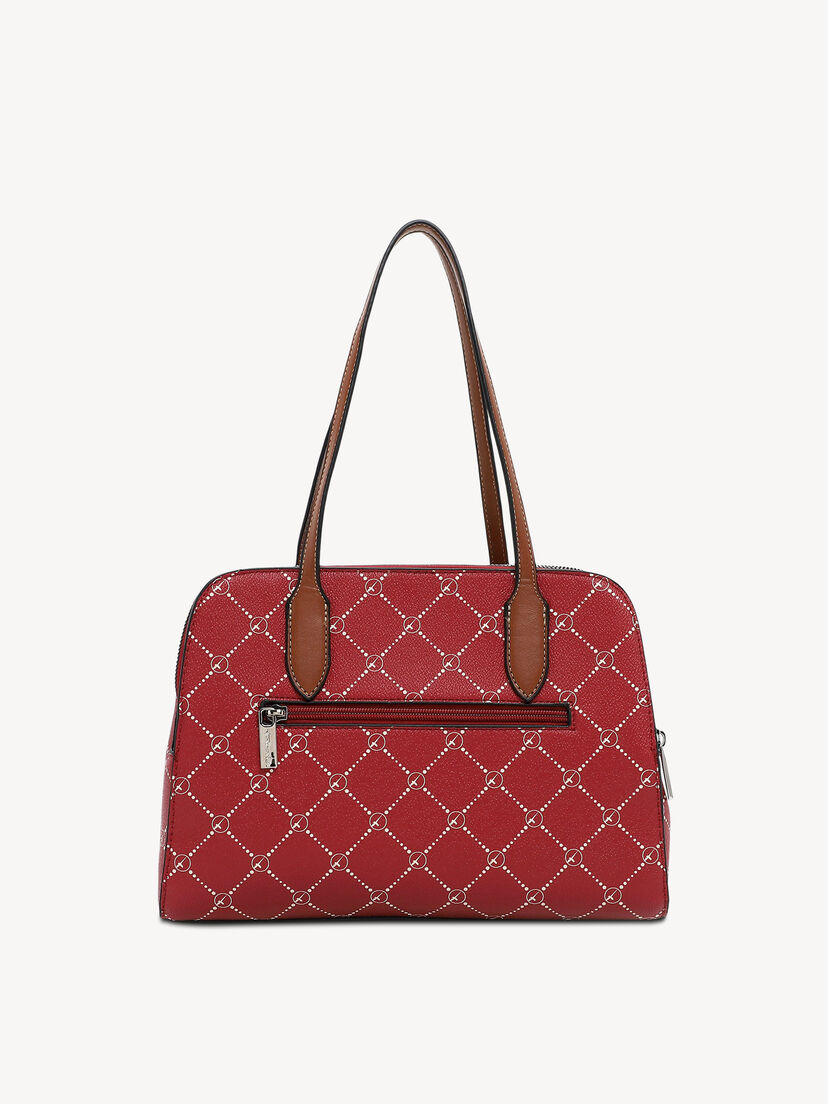 Achterkant van rode handtas met ritsvak en bruine handvatten