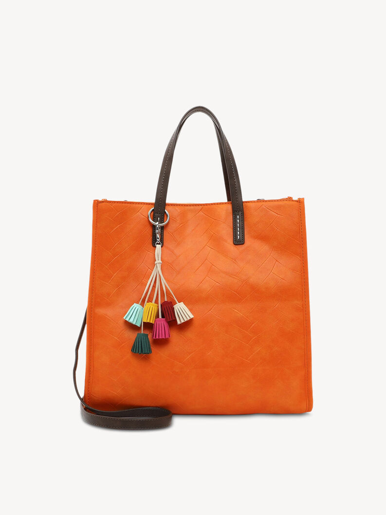 Sac &agrave; main femme en cuir orange avec pompons color&eacute;s et poign&eacute;es marron