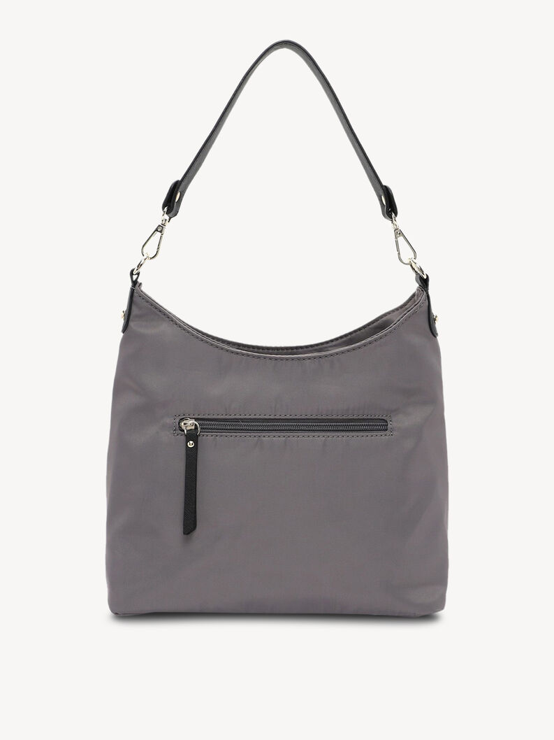 Grey handbag with black handle and back zipper pocket smooth design
