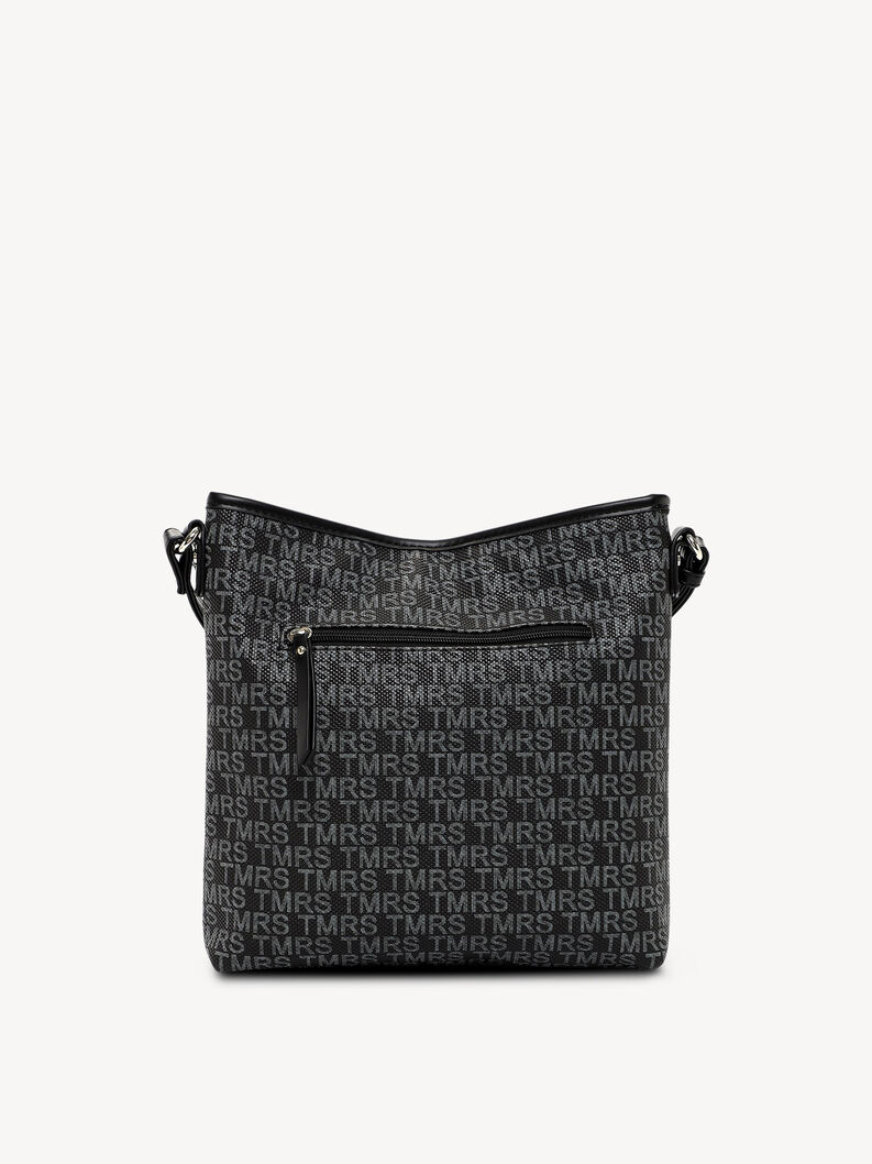 Vue arri&egrave;re d&rsquo;un sac noir avec motif TMRS gris et poche zipp&eacute;e