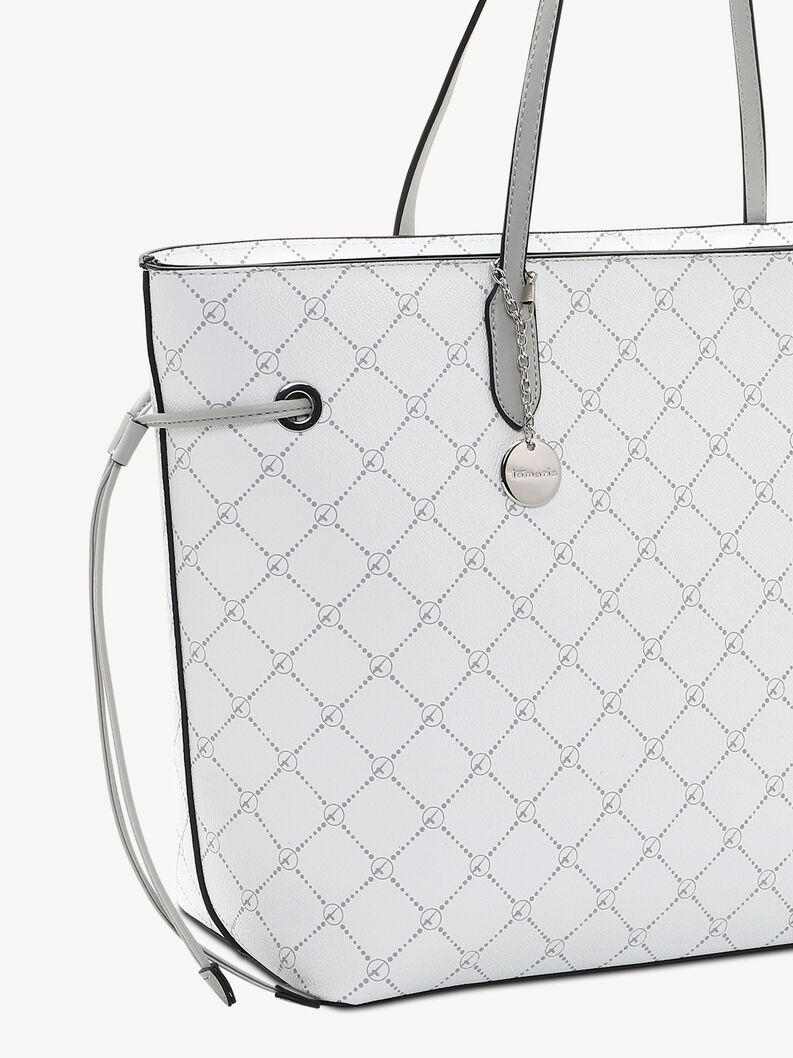 Detailansicht der Seite der wei&szlig;en Tasche mit grauem Muster