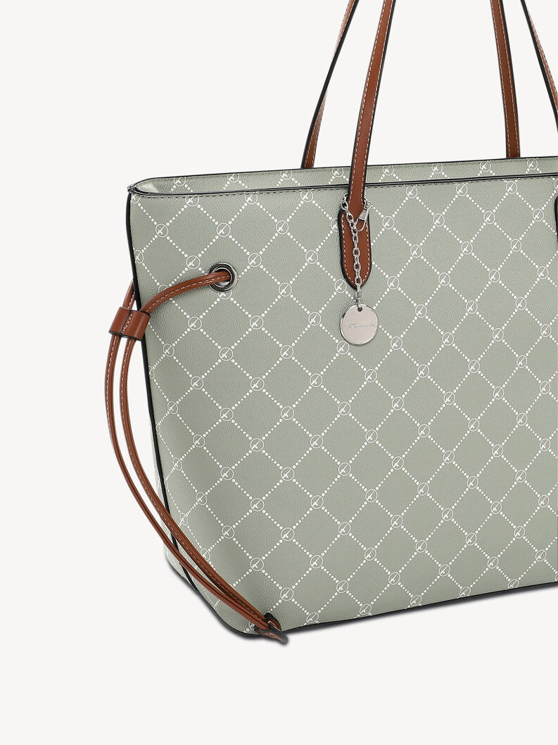 Gr&uuml;ne Tasche mit braunen Ledergriffen und silbernem Metallanh&auml;nger