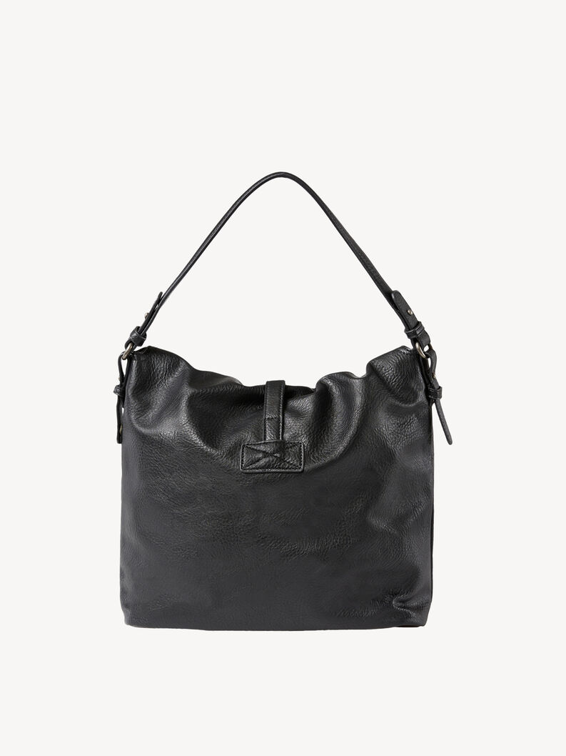 R&uuml;ckseite der schwarzen weichen Lederhandtasche mit einfachem Tragegriff