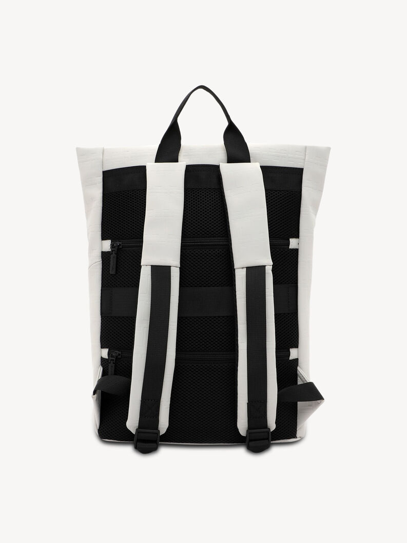 Biały plecak z czarnymi paskami i wyściełanym panelem z tyłu dla wygody