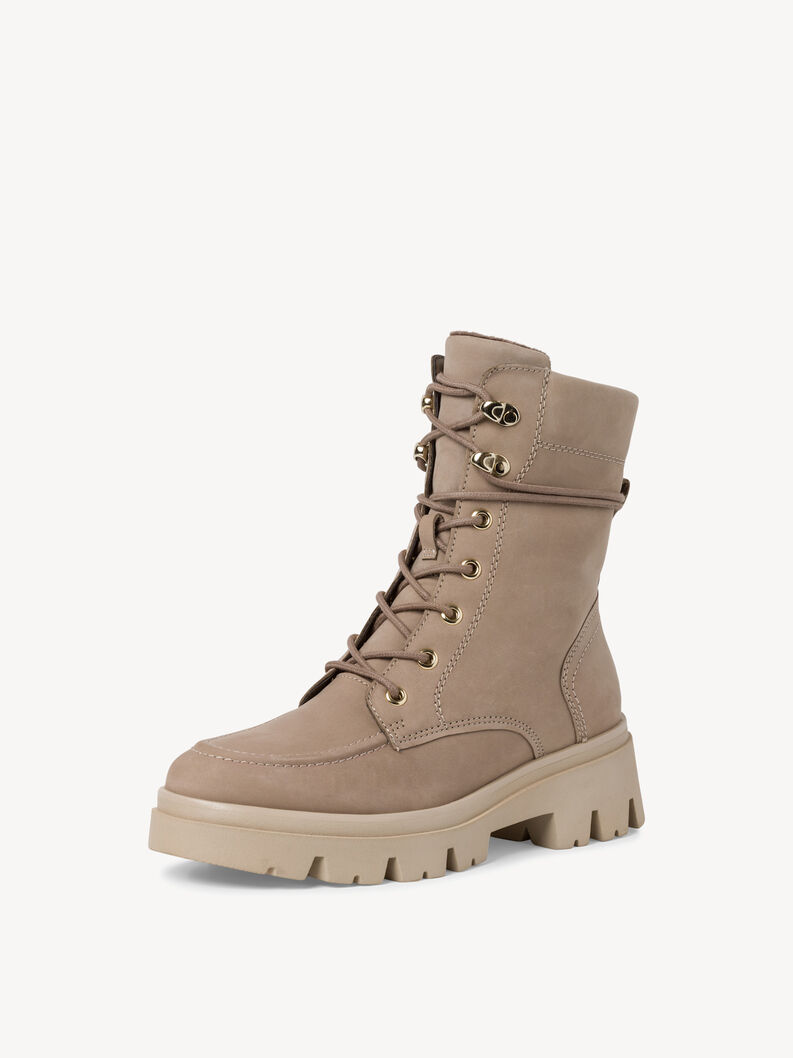 Side view of beige leather ankle boot with laces and chunky sole