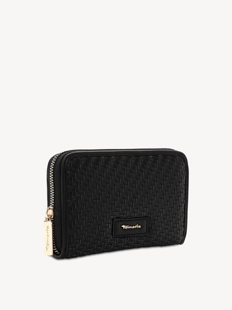 Black woven synthetic leather wallet with gold zipper detail