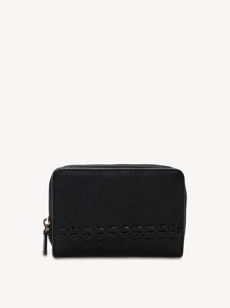 Compact black faux leather wallet with stitched detail and zipper