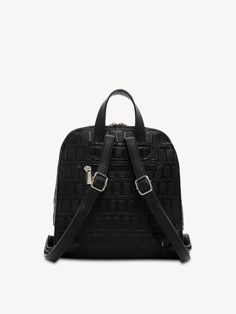 Czarny sk&oacute;rzany plecak z tłoczonym wzorem i regulowanymi paskami na ramiona