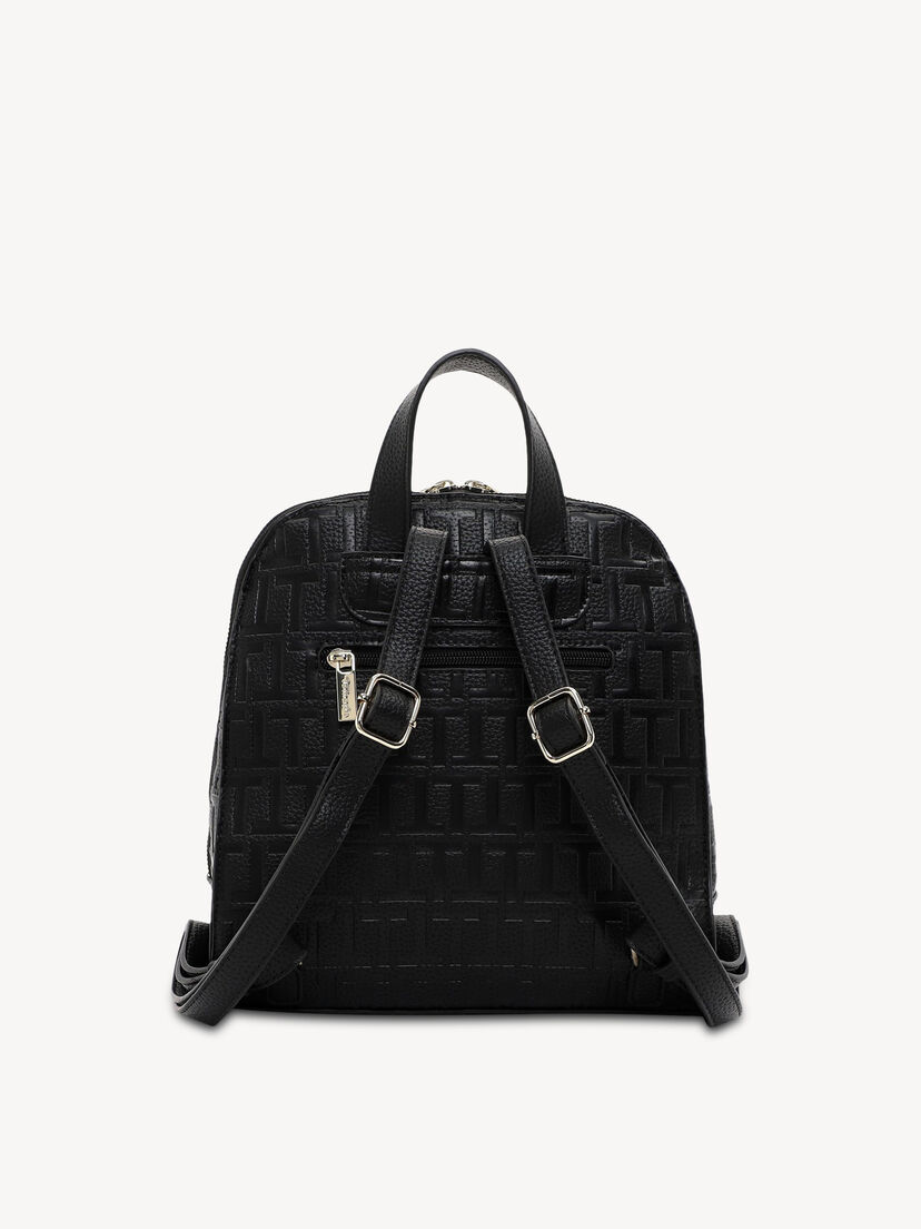 Zwart leren rugzak met reli&euml;fpatroon en verstelbare schouderbanden