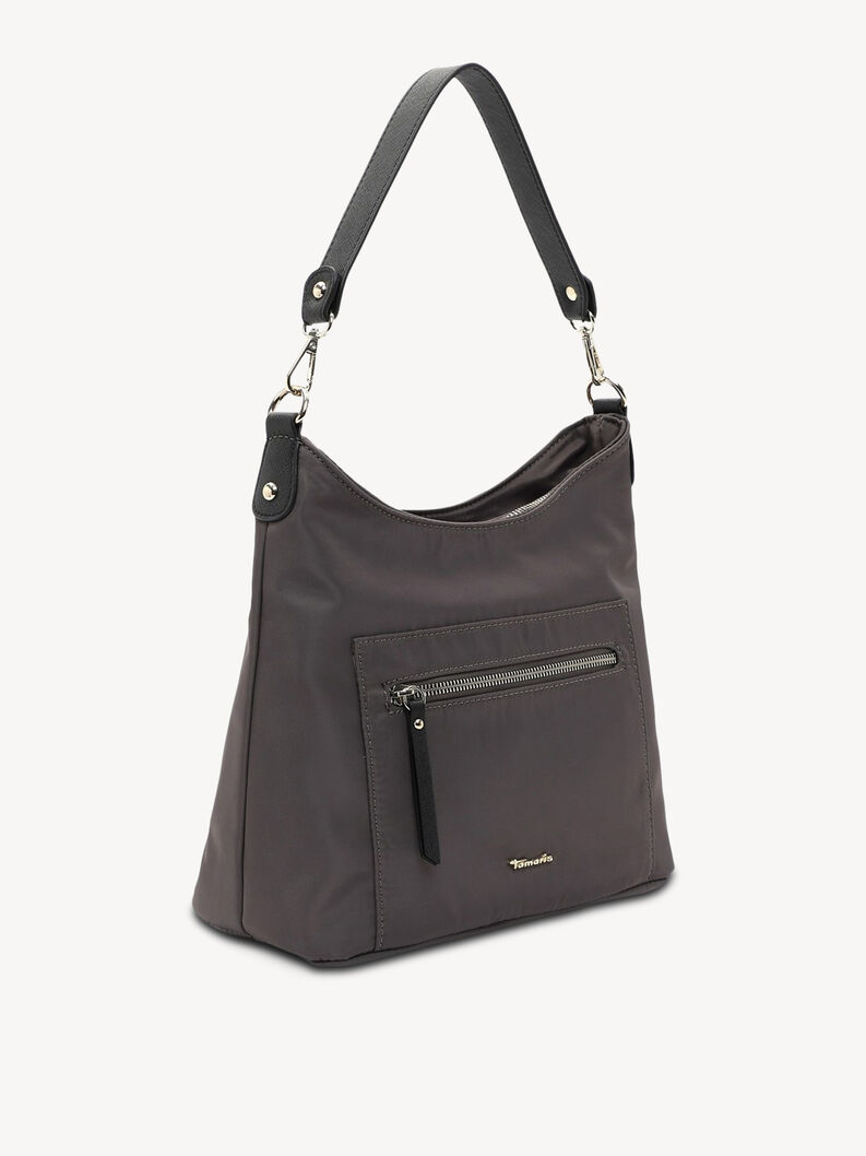 Seitenansicht einer dunkelgrauen Nylon-Tasche mit langem Trageriemen