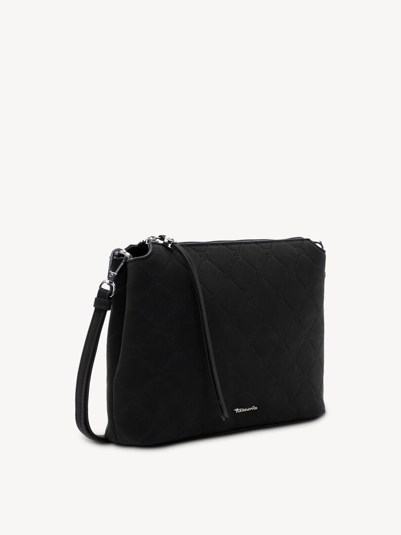 Borsa a tracolla nera trapuntata con tracolla lunga e dettagli argento