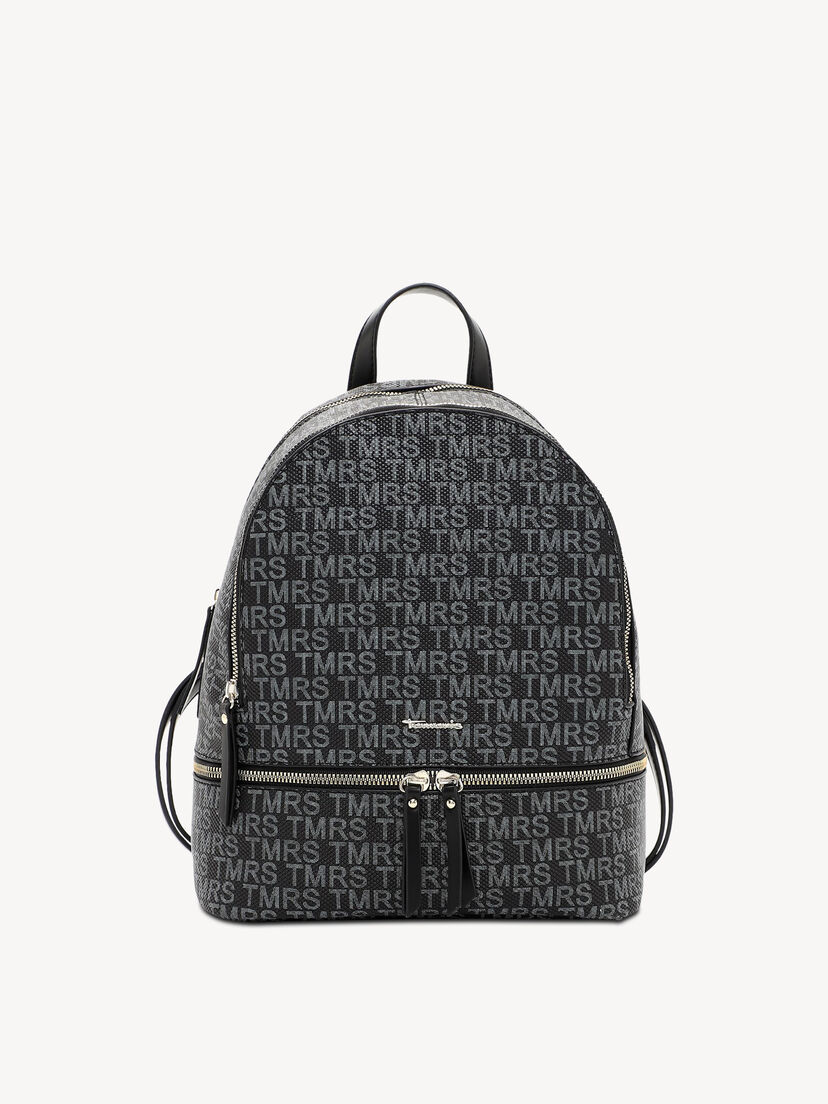 Zwarte rugzak met patroon, textiel materiaal en gouden ritssluitingen