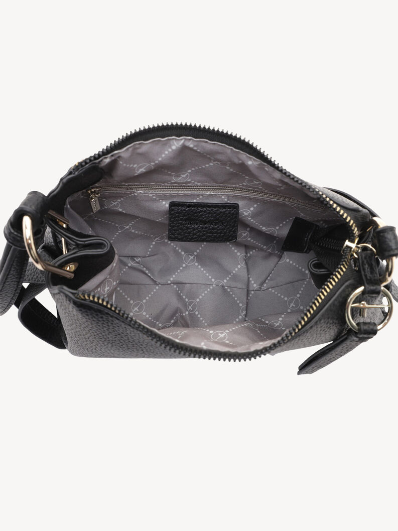 Vue int&eacute;rieure du sac bandouli&egrave;re en cuir noir avec fermeture &eacute;clair et poche interne