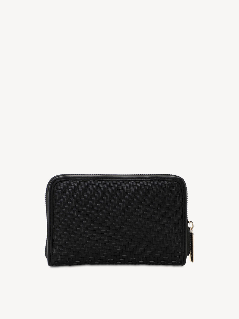 Back view of black woven synthetic leather wallet with zipper