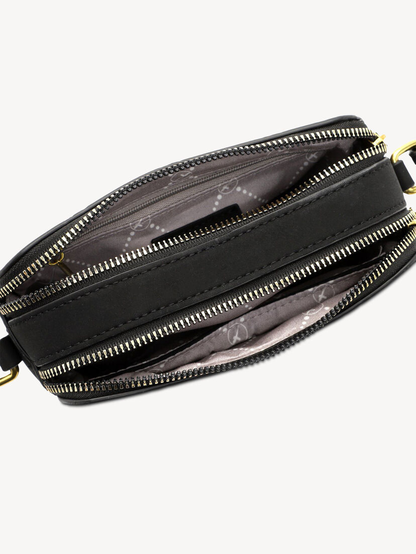 Zwarte su&egrave;de crossbodytas met dubbele rits en grijze patroonvoering