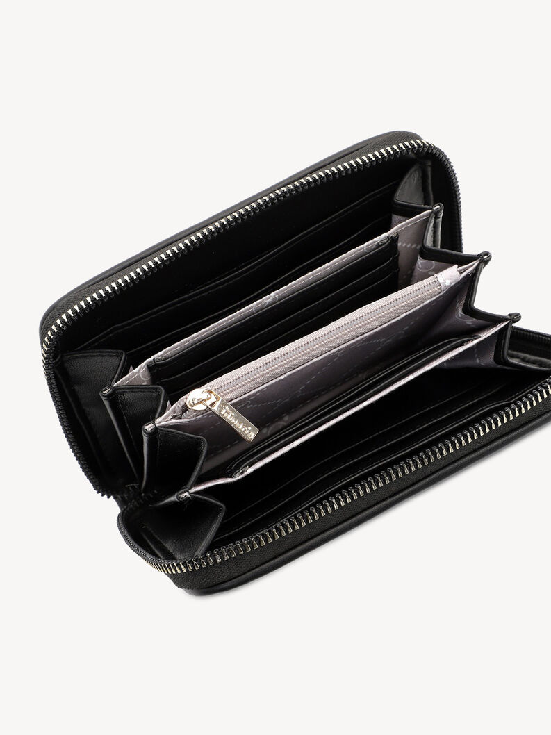 Open black woven synthetic leather wallet with zip coin compartment