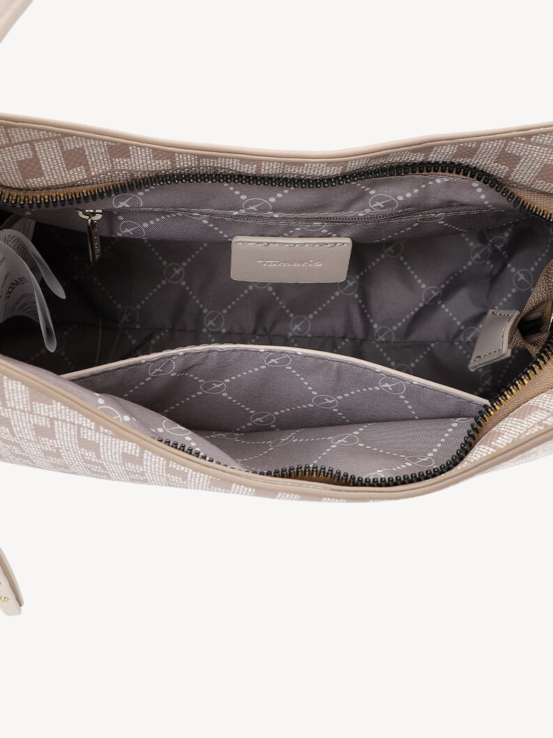 Innenansicht der beigen Tasche mit Textilfutter und Rei&szlig;verschlusstasche