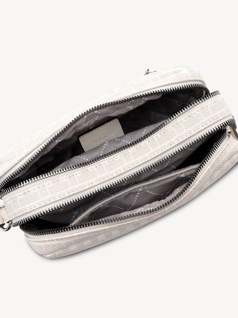 Wnętrze kremowej torebki na ramię z szarą podszewką i przegr&oacute;dkami