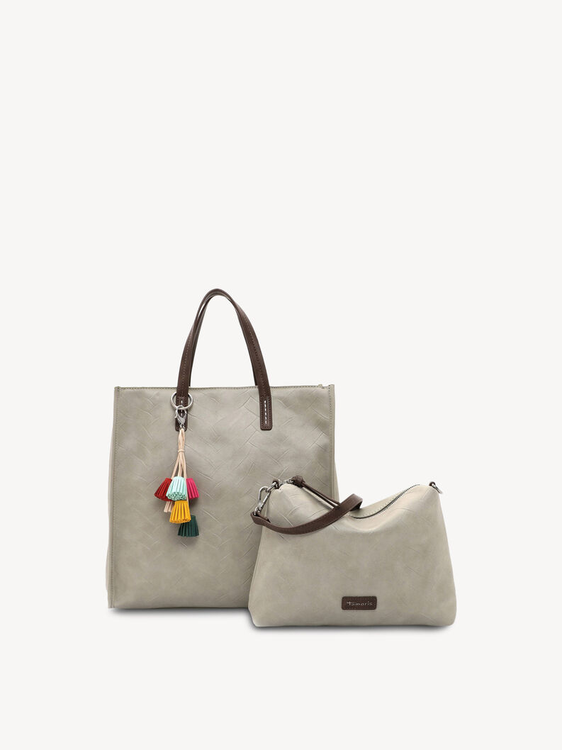Sac gris et petit sac avec pompons color&eacute;s et poign&eacute;es marron