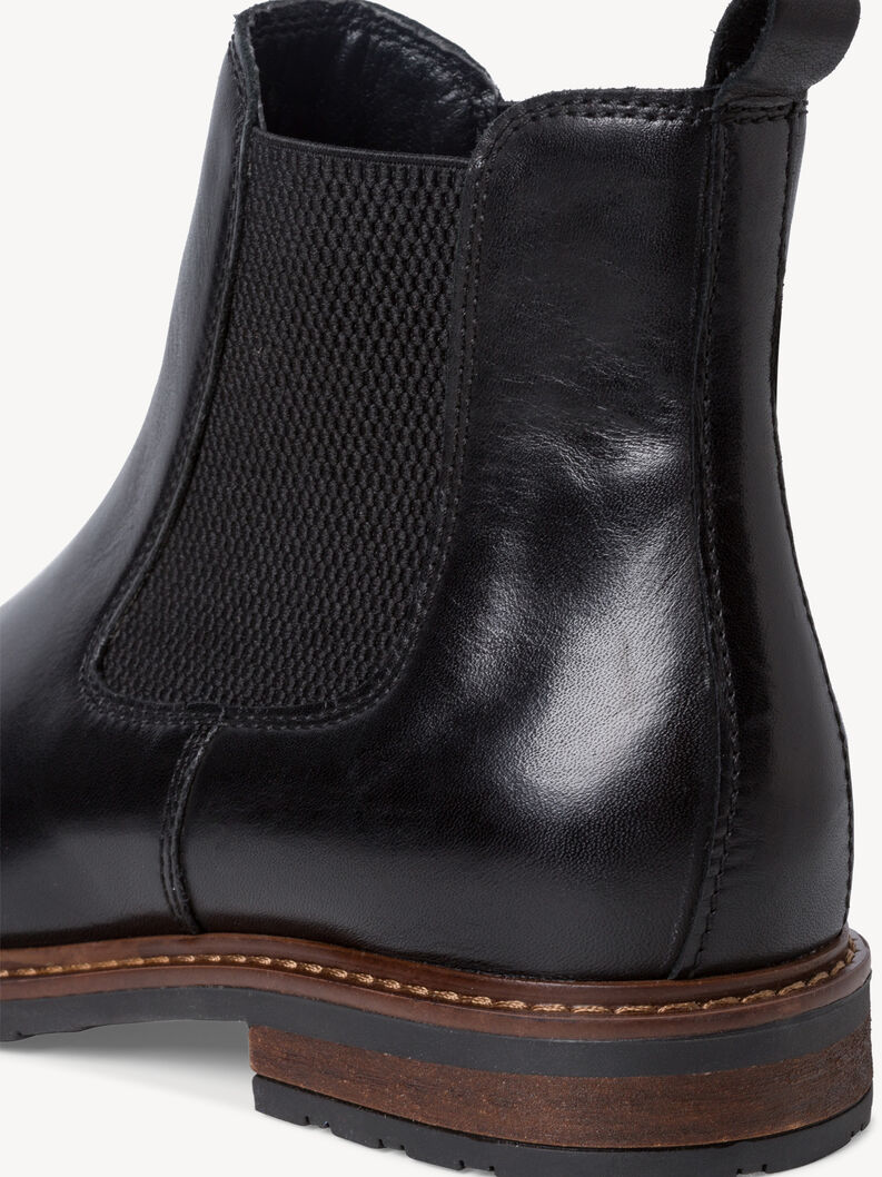 Close-up of the back part of black leather Chelsea boots