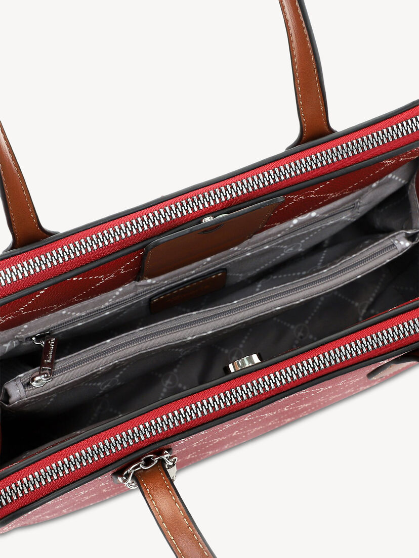 Detail van open rode handtas met binnenzakken en ritsen