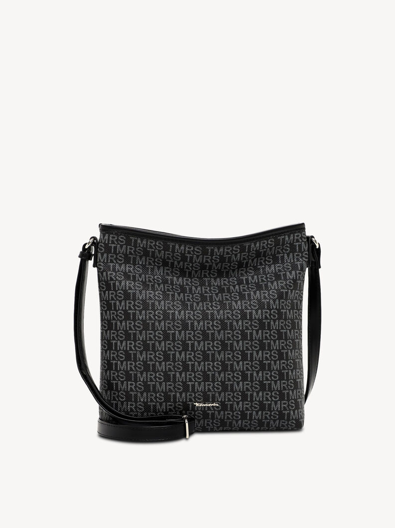 Sac bandouli&egrave;re noir avec motif TMRS gris et d&eacute;tails en similicuir