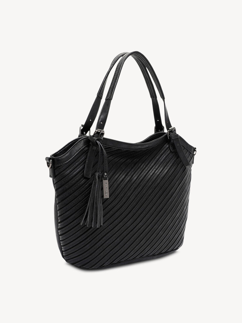 Zijaanzicht van zwarte gestreepte synthetische lederen tas met dubbele handvatten en band