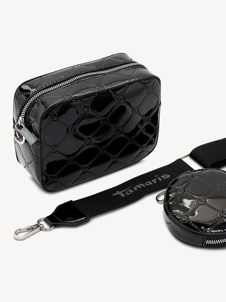 Schwarze Lacktasche mit eingepr&auml;gtem Logo und breitem Tamaris-Riemen