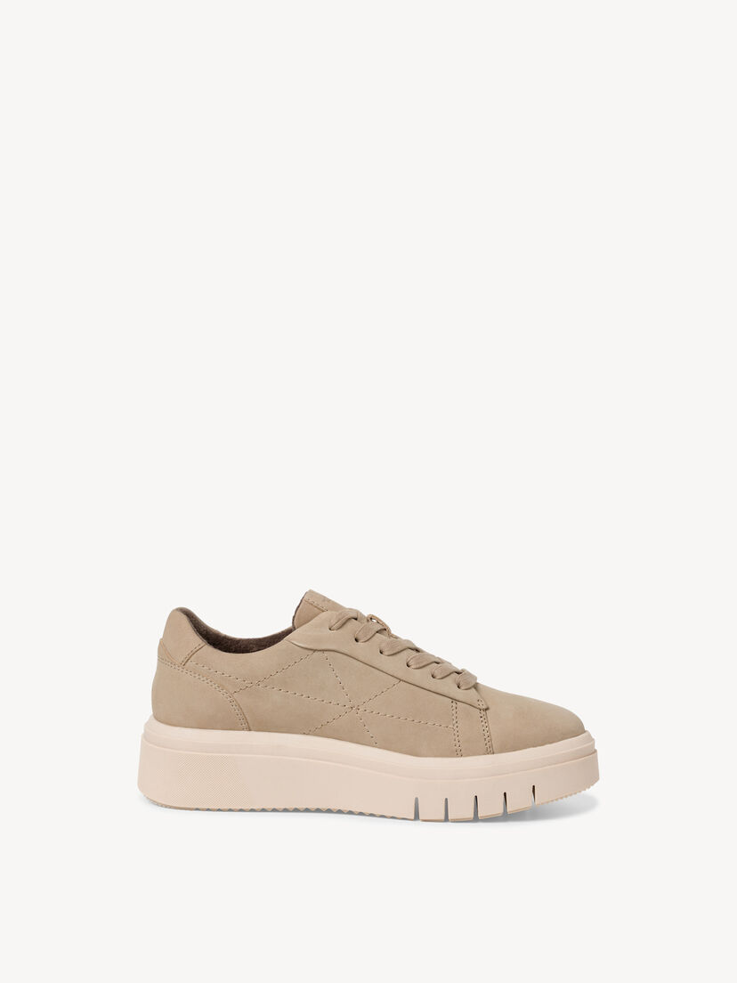 zijaanzicht van beige leren sneakers met dikke zool