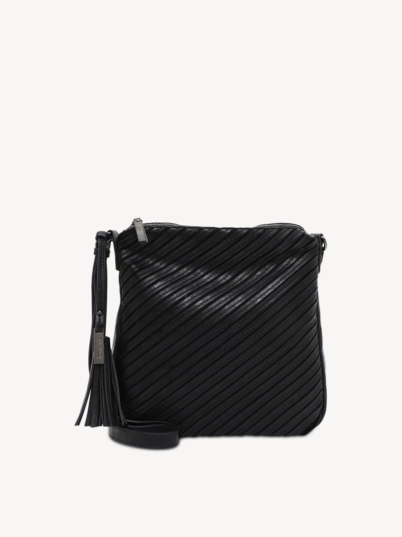Zwarte leren tas met diagonaal strependessin en tassel detail