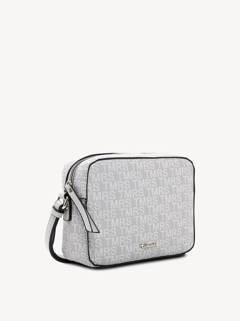 Beige-graue Crossbody-Tasche mit schwarzer Paspelierung und goldenem Logo